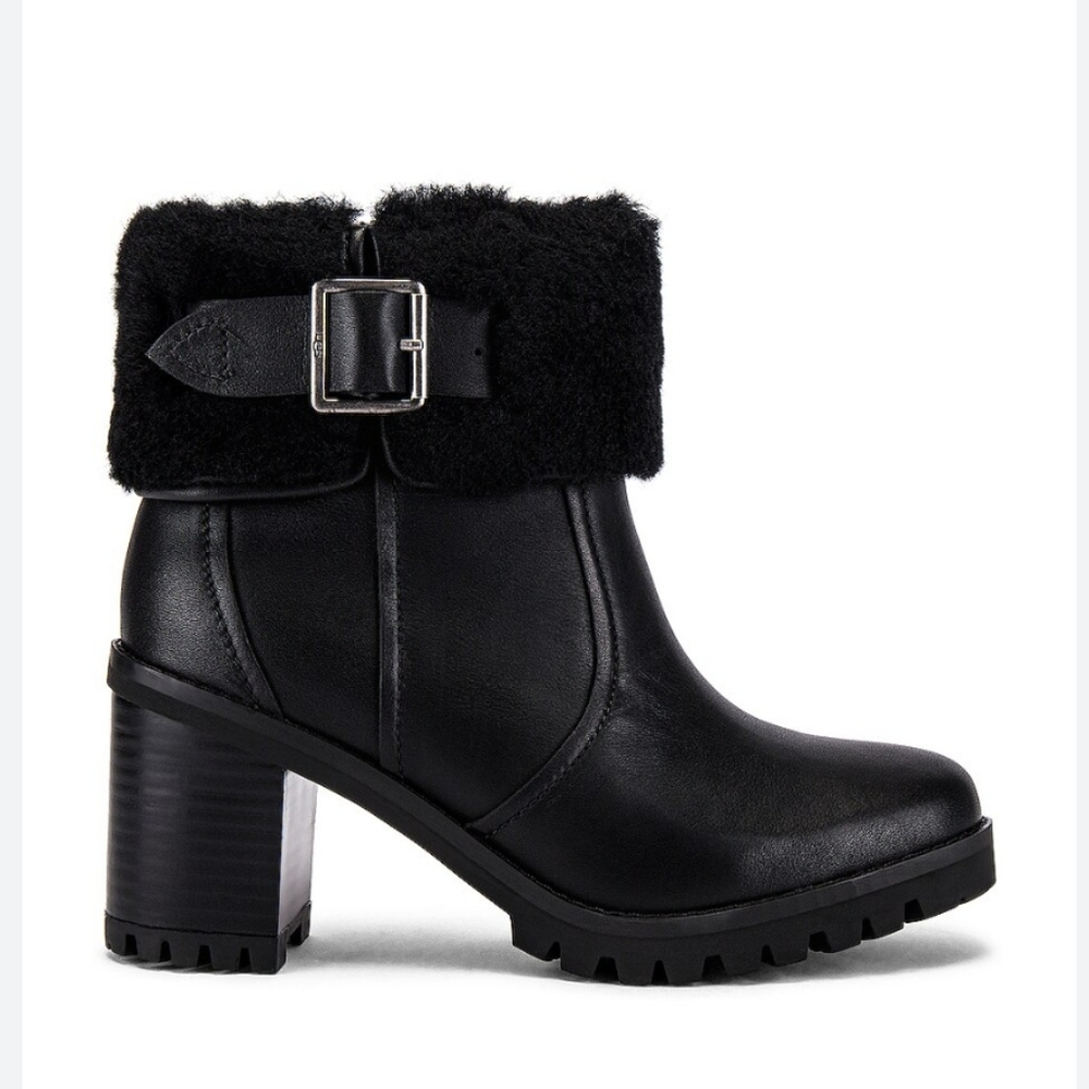 Ugg Elisiana Waterproof Cuffed Sherpa Shearling Heeled Boot Black Size 10 #456